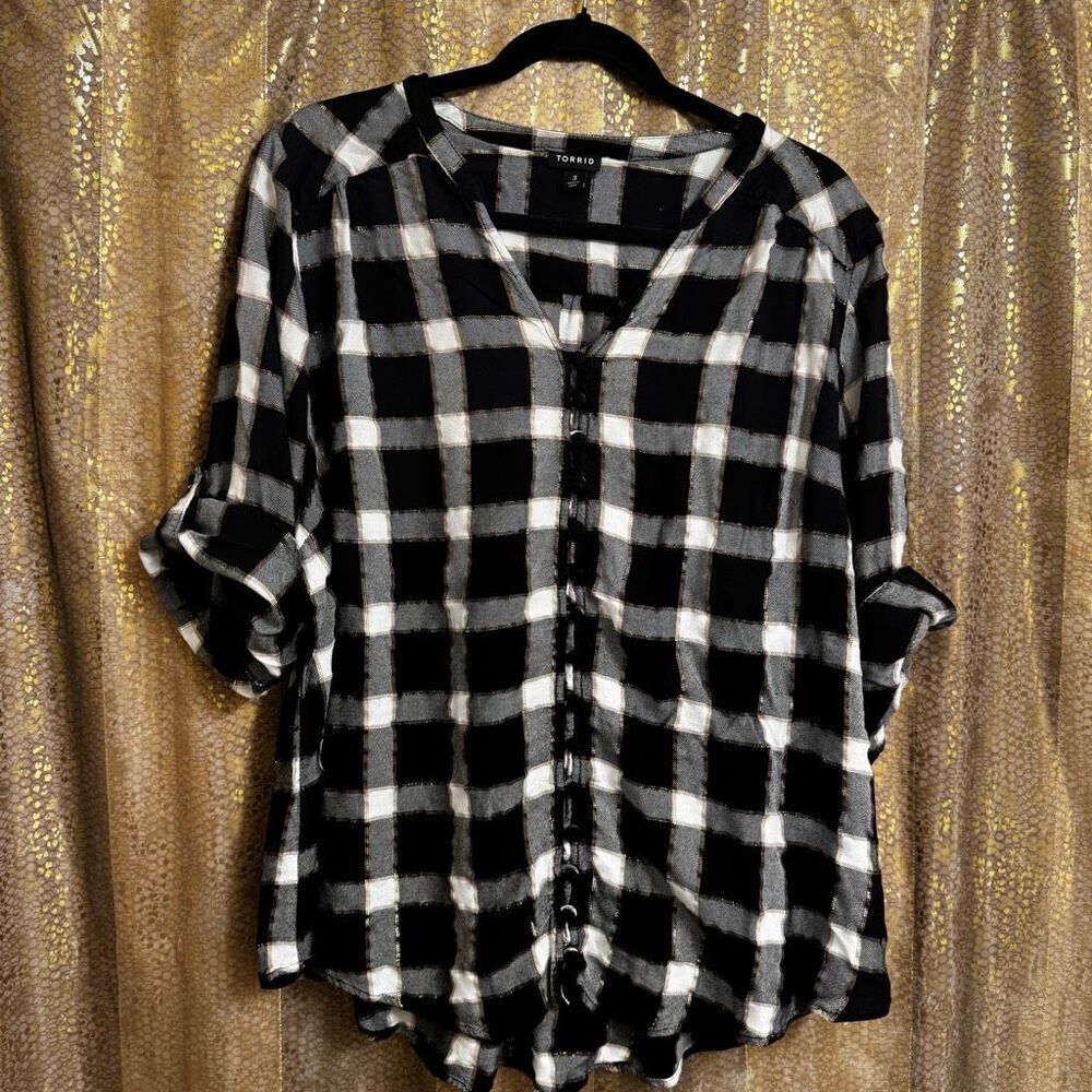 Torrid Black Metallic Gold Plaid Button Down Roll Sleeve Blouse Size 3X